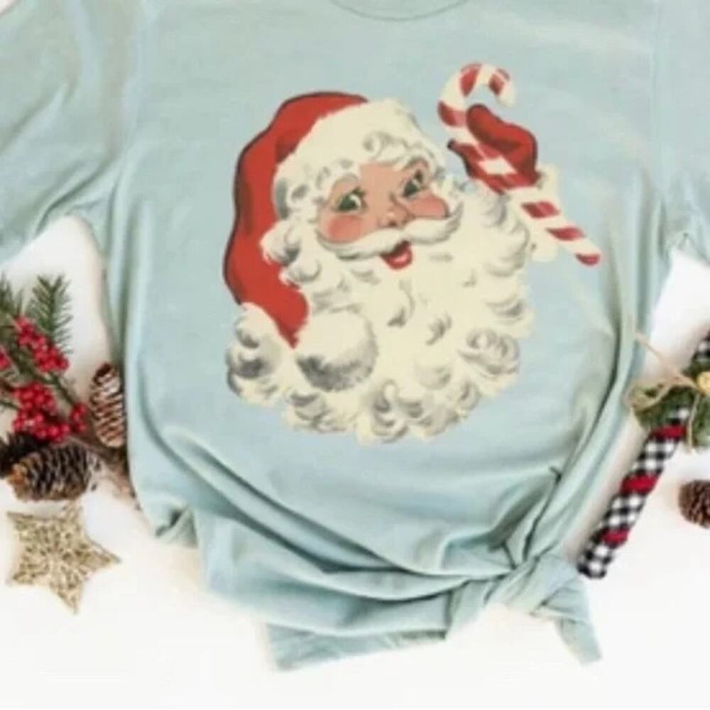 Royal Standard Women's Glacier Blue Candy Cane Santa T-shirt Size X-Small